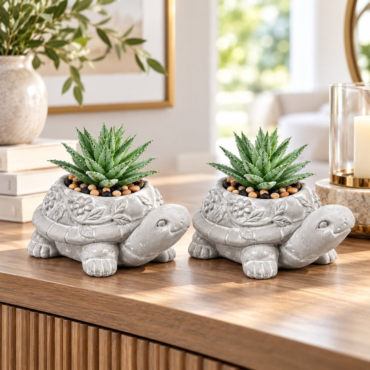 Luxury Set of 2 Turtle Decorative Planters with Artificial Succulent Plants & Pebbles – Grey Clay Turtle Plant Pots for Home, Office, Shelf & Table Decor