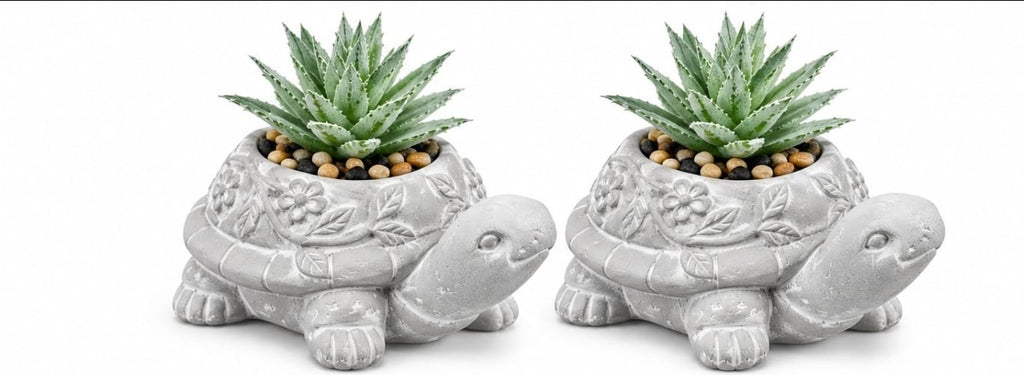 Luxury Set of 2 Turtle Decorative Planters with Artificial Succulent Plants & Pebbles – Grey Clay Turtle Plant Pots for Home, Office, Shelf & Table Decor
