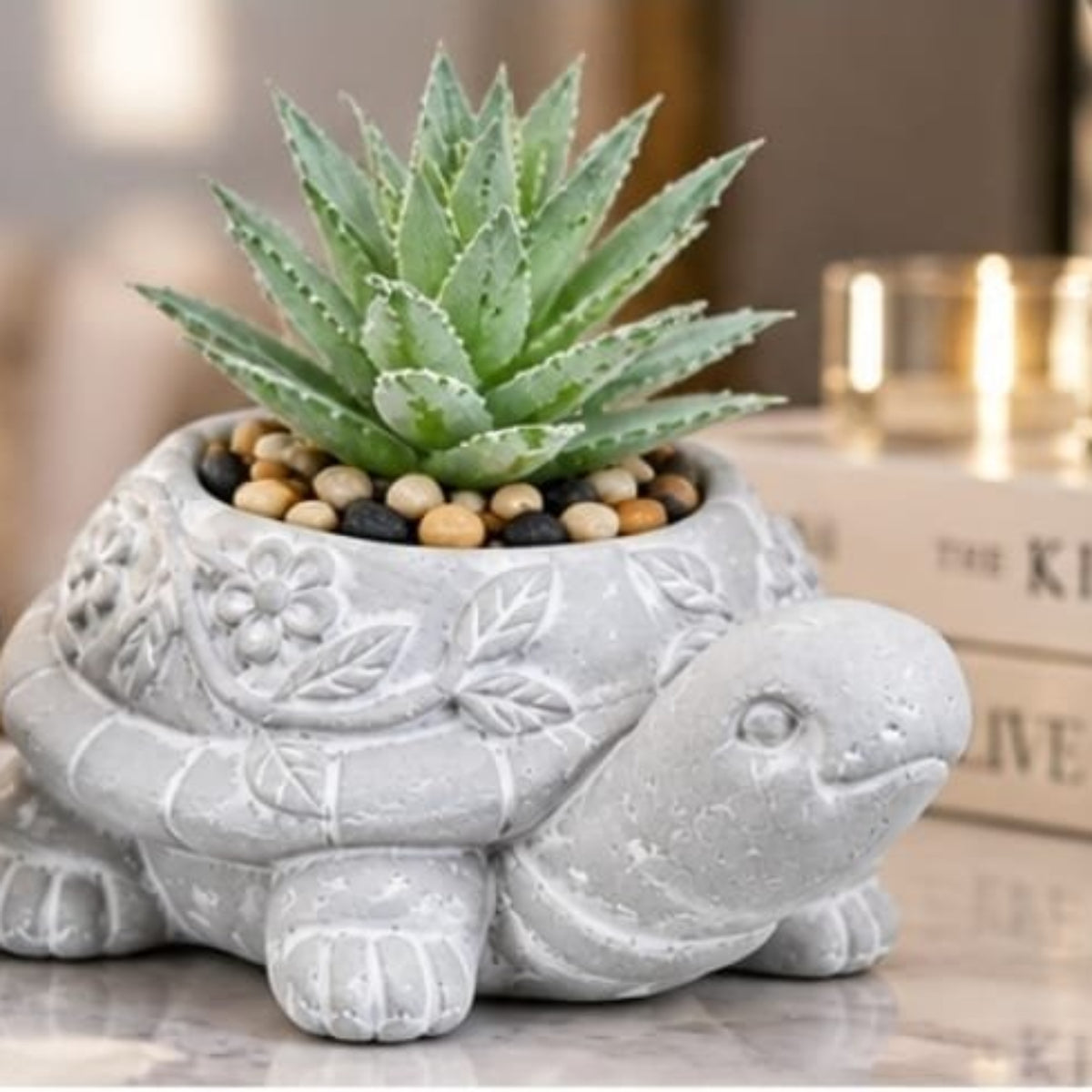 Luxury Set of 2 Turtle Decorative Planters with Artificial Succulent Plants & Pebbles – Grey Clay Turtle Plant Pots for Home, Office, Shelf & Table Decor