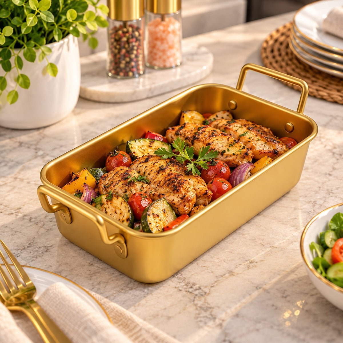 Gold Stainless Steel Rectangular Serving Tray with Handles 2x – Luxury Food Serving Dish, Catering & Tabletop Serving Pan
