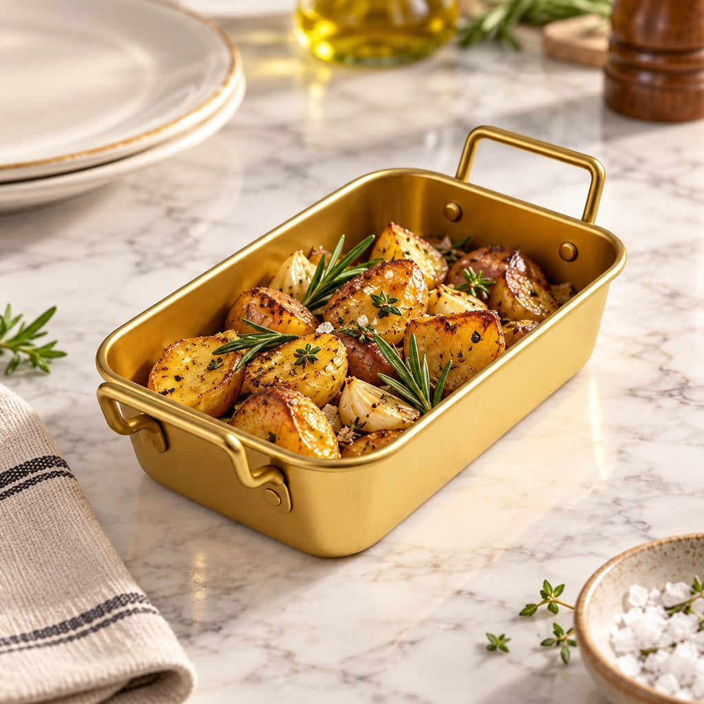 Gold Stainless Steel Rectangular Serving Tray with Handles 2x – Luxury Food Serving Dish, Catering & Tabletop Serving Pan