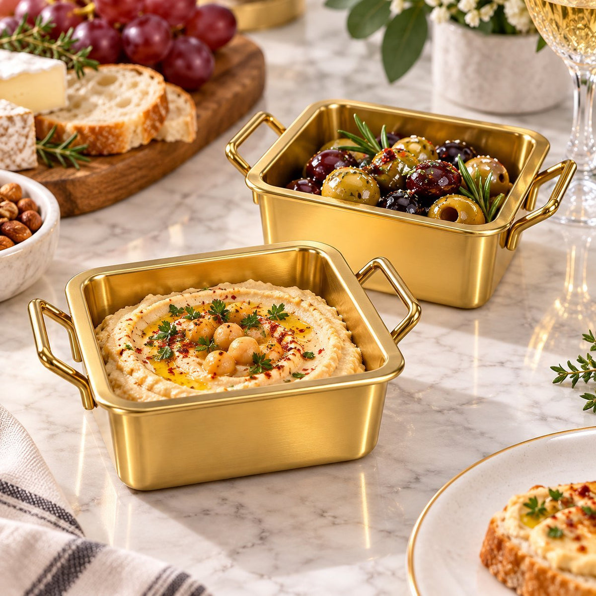 Luxury Gold Stainless Steel Square Serving Dish with Handles 4X – Food Serving Tray, Catering & Buffet Serving Pan