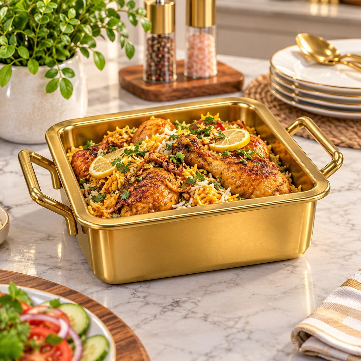 Luxury Gold Stainless Steel Square Serving Dish with Handles 4X – Food Serving Tray, Catering & Buffet Serving Pan