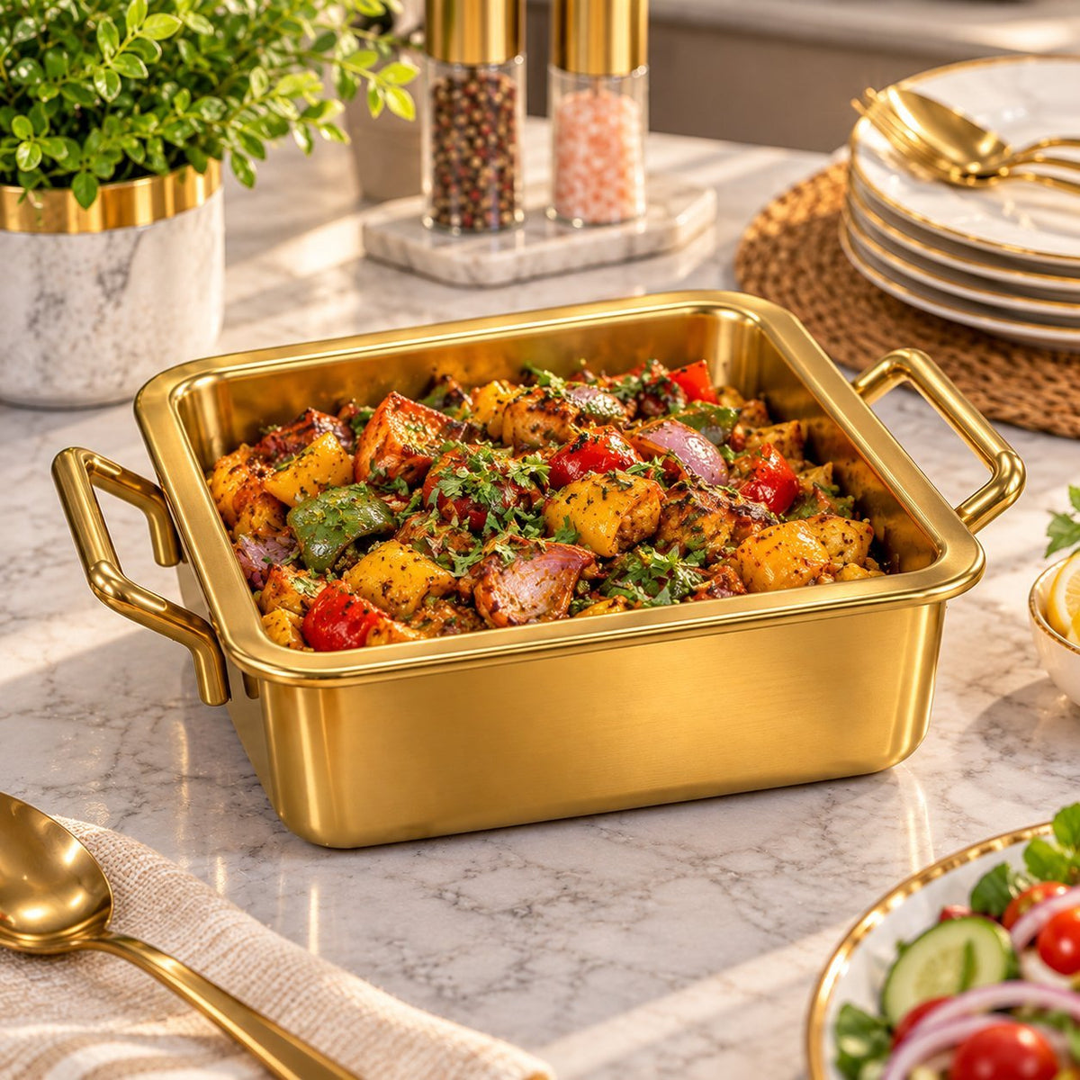 Luxury Gold Stainless Steel Square Serving Dish with Handles 4X – Food Serving Tray, Catering & Buffet Serving Pan