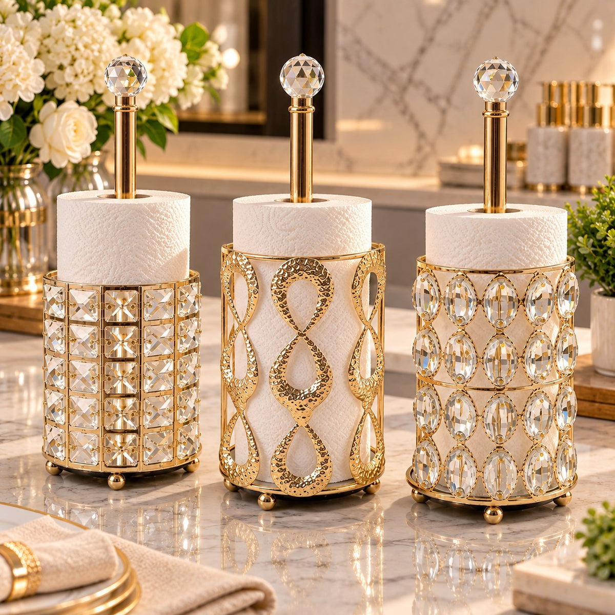 Luxury Gold Tissue Holders with Crystal-Style Decoration – Decorative Table Tissue Dispensers for Home, Bathroom, Hotel & Restaurant