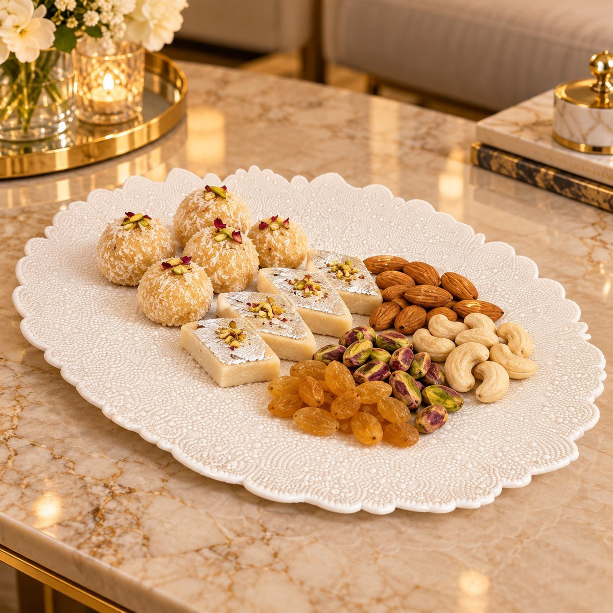 Luxury Ceramic Serving Tray 01-Piece– Decorative White Oval Scalloped Serving Platter with Embossed Pearl-Style Design for Dining, Parties, Catering & Home Décor