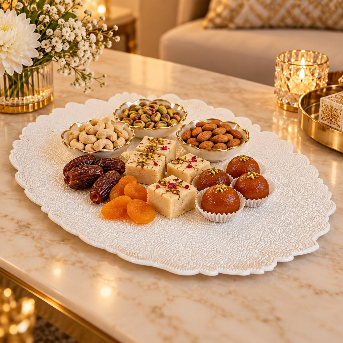 Luxury Ceramic Serving Tray 01-Piece– Decorative White Oval Scalloped Serving Platter with Embossed Pearl-Style Design for Dining, Parties, Catering & Home Décor