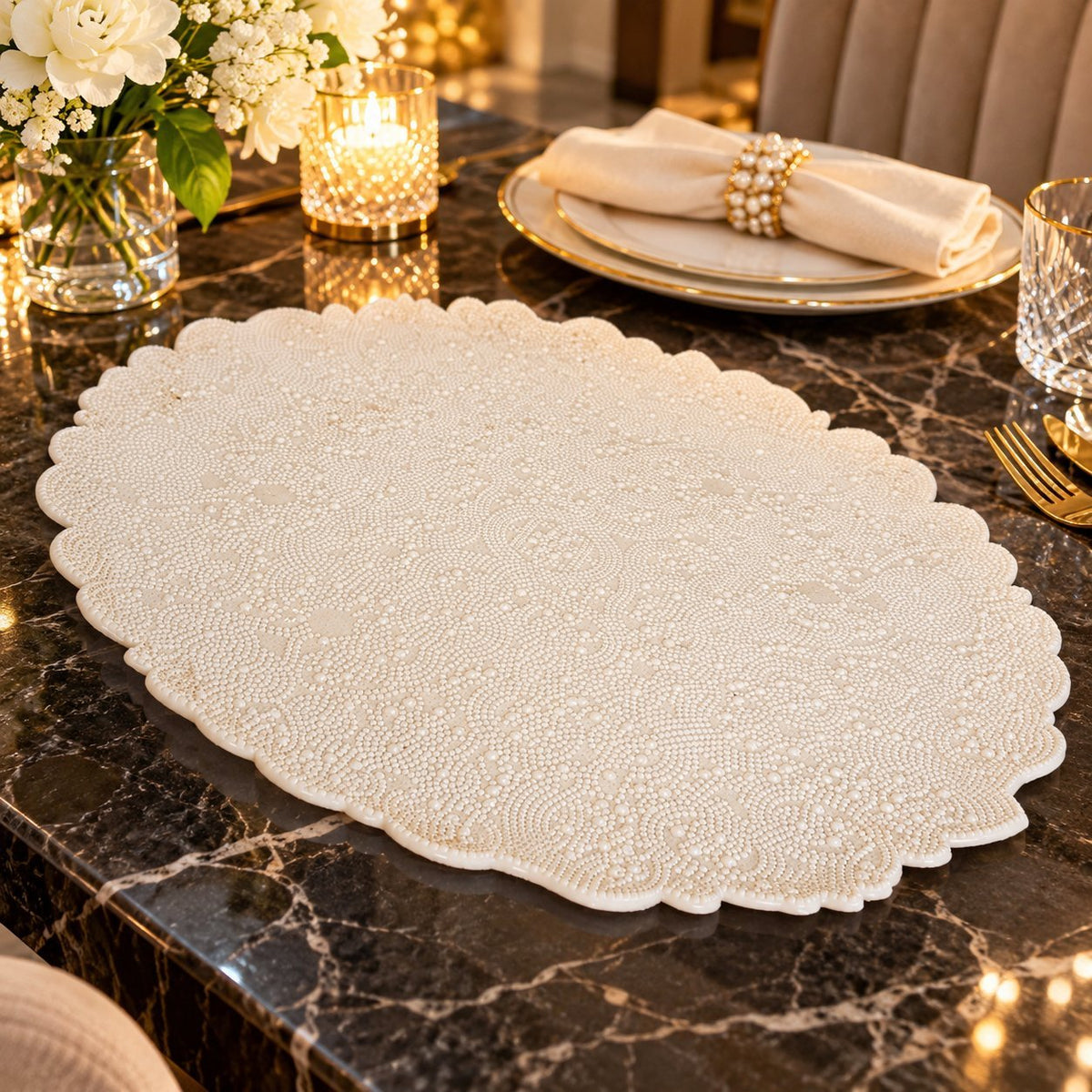 Luxury Ceramic Serving Tray 01-Piece– Decorative White Oval Scalloped Serving Platter with Embossed Pearl-Style Design for Dining, Parties, Catering & Home Décor