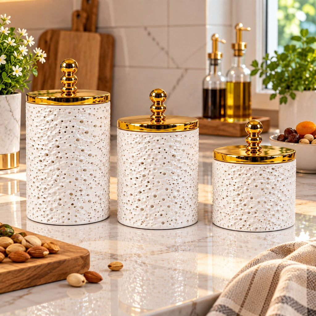 Set of 3 Acrylic Storage Jars with Gold Lids – 900ml, 700ml & 500ml Decorative Kitchen Containers for Sugar, Coffee, Tea, Spices & Pantry Storage