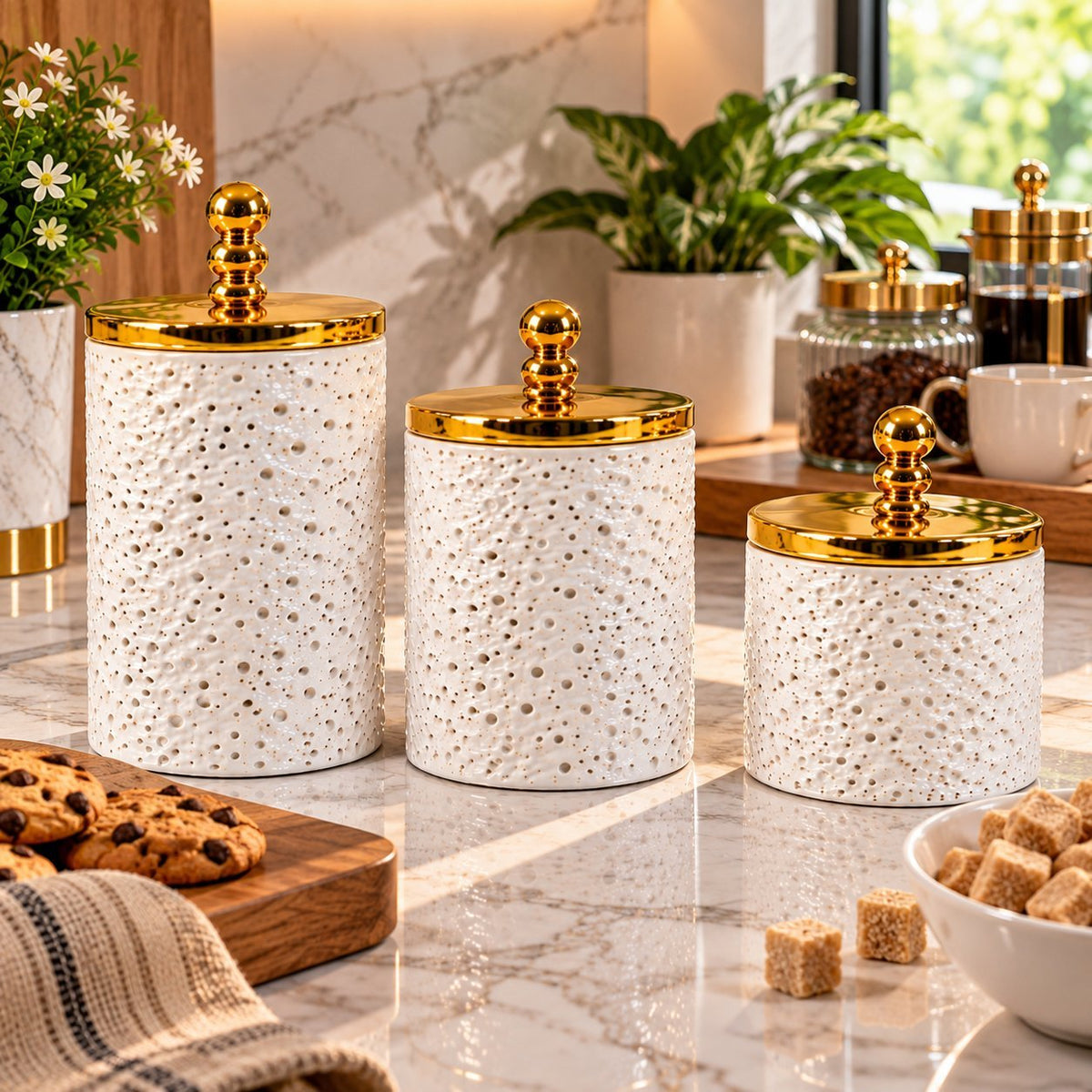 Set of 3 Acrylic Storage Jars with Gold Lids – 900ml, 700ml & 500ml Decorative Kitchen Containers for Sugar, Coffee, Tea, Spices & Pantry Storage