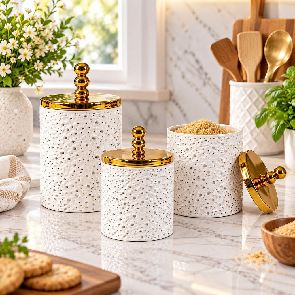 Set of 3 Acrylic Storage Jars with Gold Lids – 900ml, 700ml & 500ml Decorative Kitchen Containers for Sugar, Coffee, Tea, Spices & Pantry Storage
