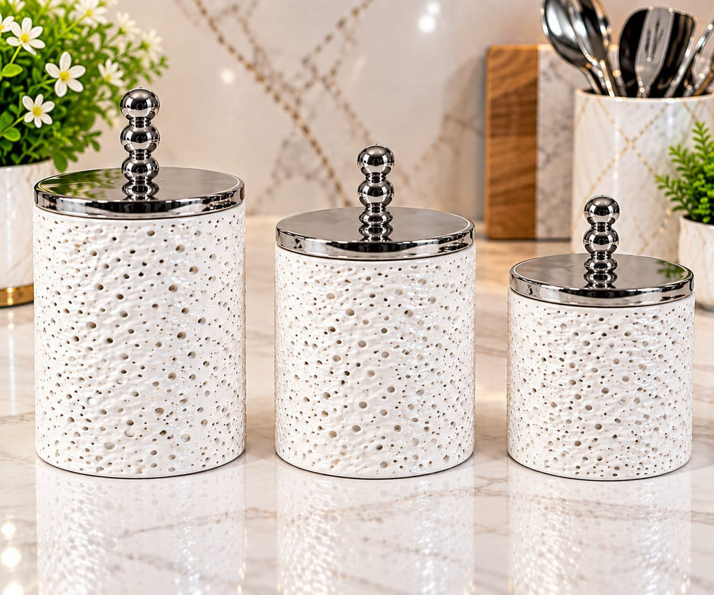 Set of 3 Acrylic Storage Jars 900ml 700ml 500ml – White Decorative Canisters with Silver Lids, Luxury Kitchen Pantry Food Storage