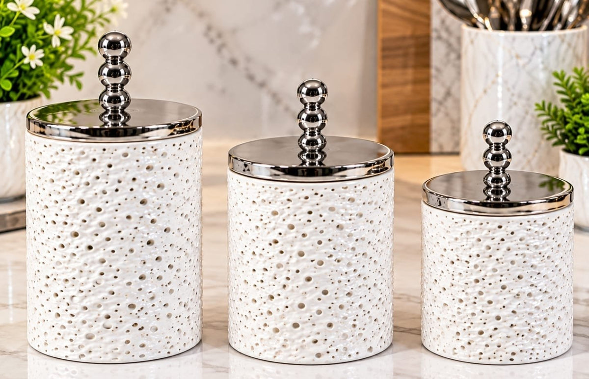 Set of 3 Acrylic Storage Jars 900ml 700ml 500ml – White Decorative Canisters with Silver Lids, Luxury Kitchen Pantry Food Storage