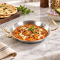 Set of 2 Hammered Metal Karahi 10 Inch – Silver & Gold Handle Indian Pakistani Curry Serving Pans, Kadai Cookware for Home, Restaurant & Catering
