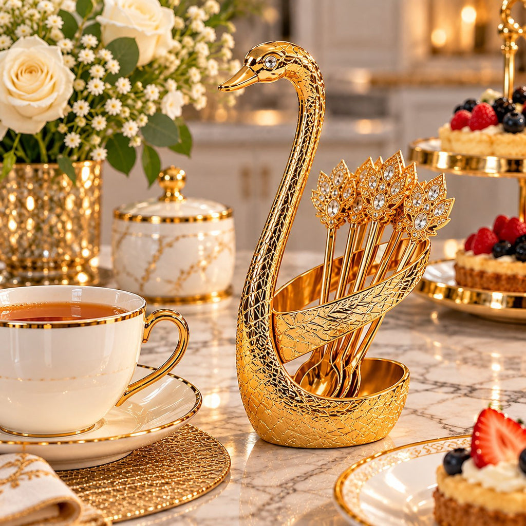 Gold Coffee Spoon Set 6 Pcs with Swan Holder – Decorative Tea Spoons for Coffee, Dessert & Afternoon Tea, Plastic Gold Cutlery Set