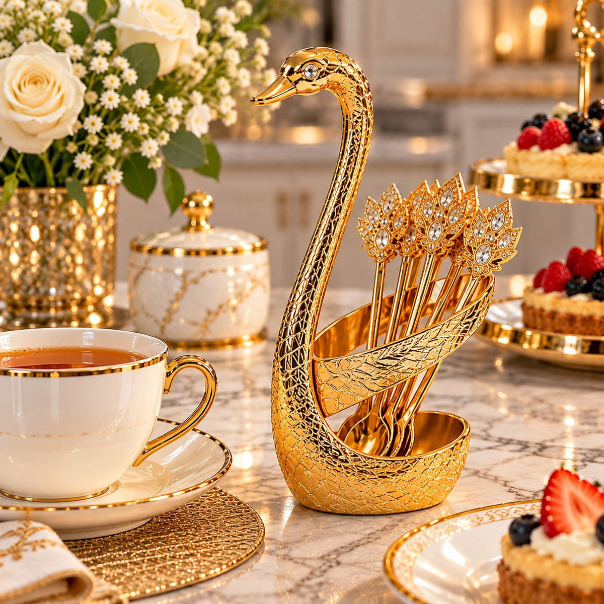 Gold Coffee Spoon Set 6 Pcs with Swan Holder – Decorative Tea Spoons for Coffee, Dessert & Afternoon Tea, Plastic Gold Cutlery Set