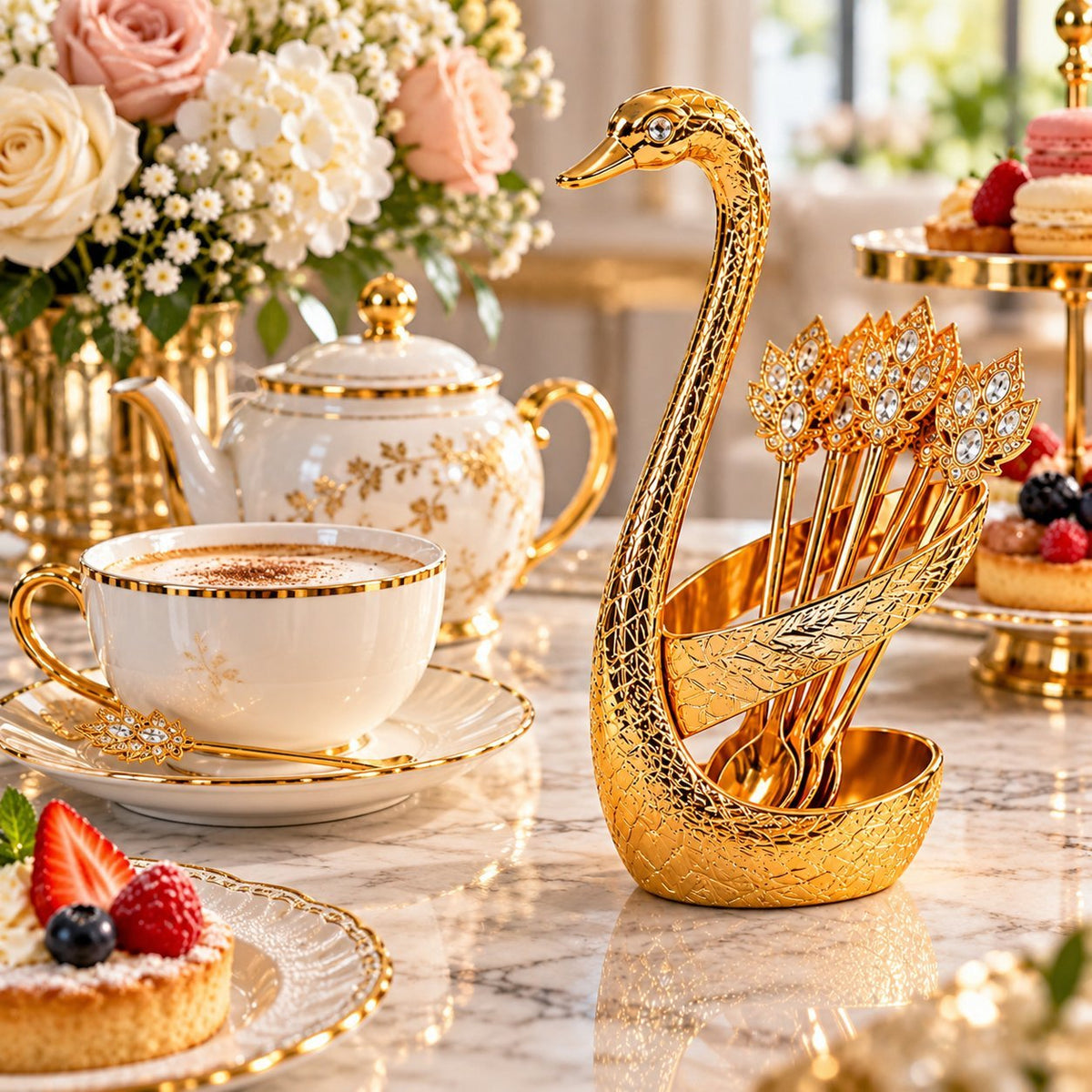 Gold Coffee Spoon Set 6 Pcs with Swan Holder – Decorative Tea Spoons for Coffee, Dessert & Afternoon Tea, Plastic Gold Cutlery Set