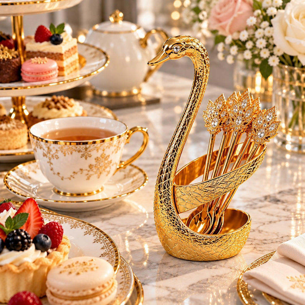 Gold Coffee Spoon Set 6 Pcs with Swan Holder – Decorative Tea Spoons for Coffee, Dessert & Afternoon Tea, Plastic Gold Cutlery Set