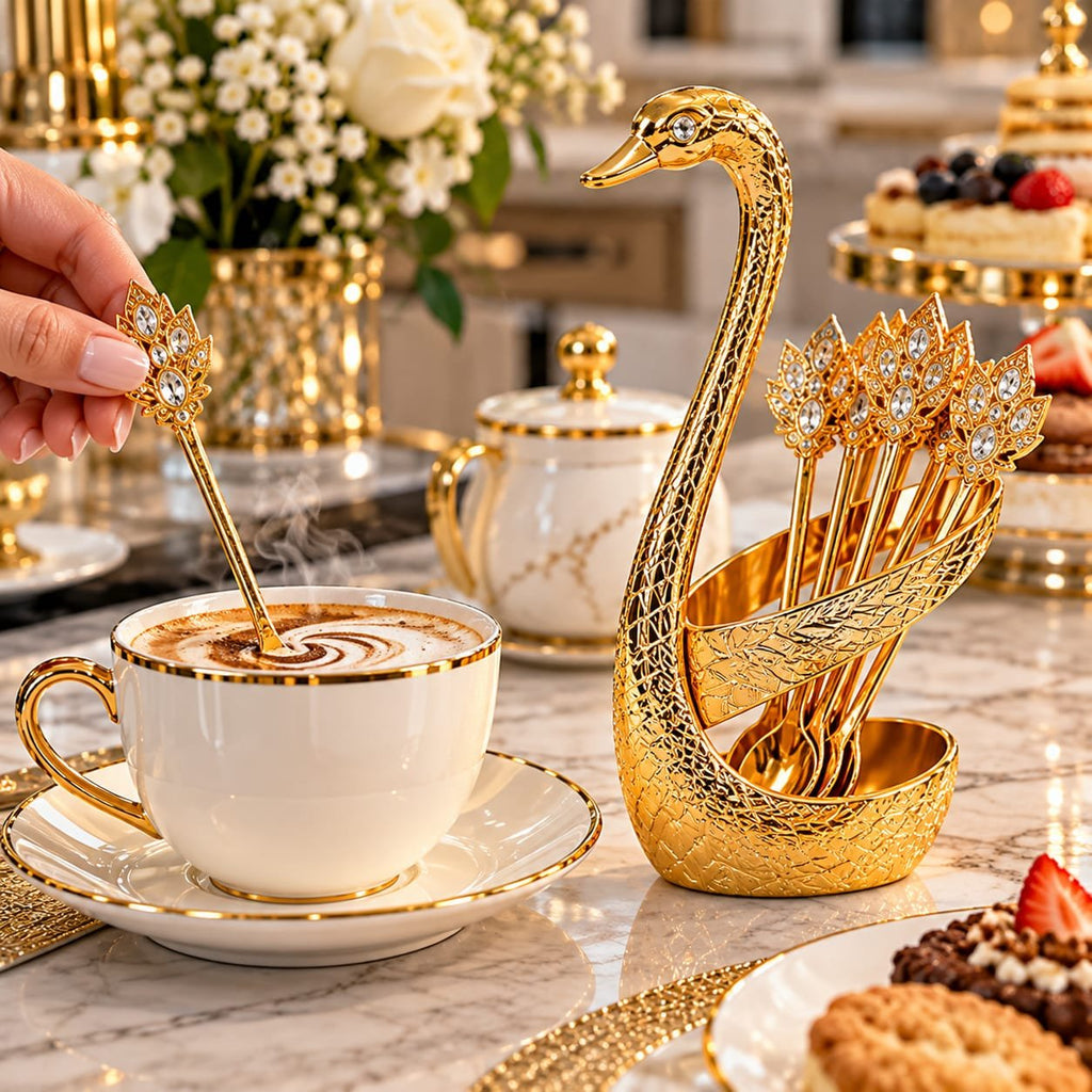 Gold Coffee Spoon Set 6 Pcs with Swan Holder – Decorative Tea Spoons for Coffee, Dessert & Afternoon Tea, Plastic Gold Cutlery Set