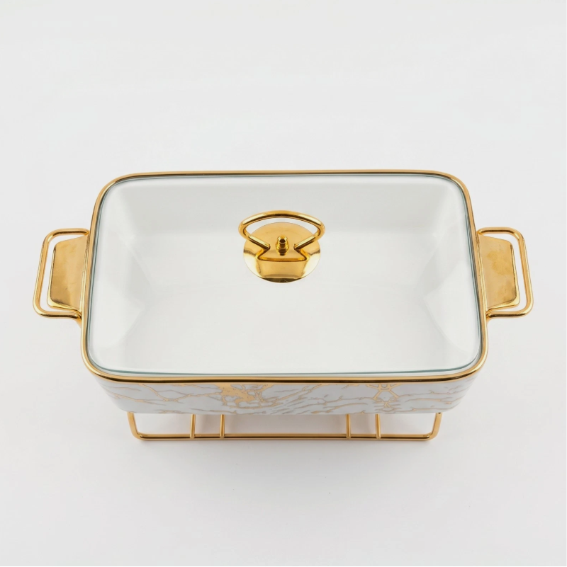 13-Inch Rectangular Ceramic Chafing Dish with Marble Design, Glass Lid and Gold Food-Warmer Stand