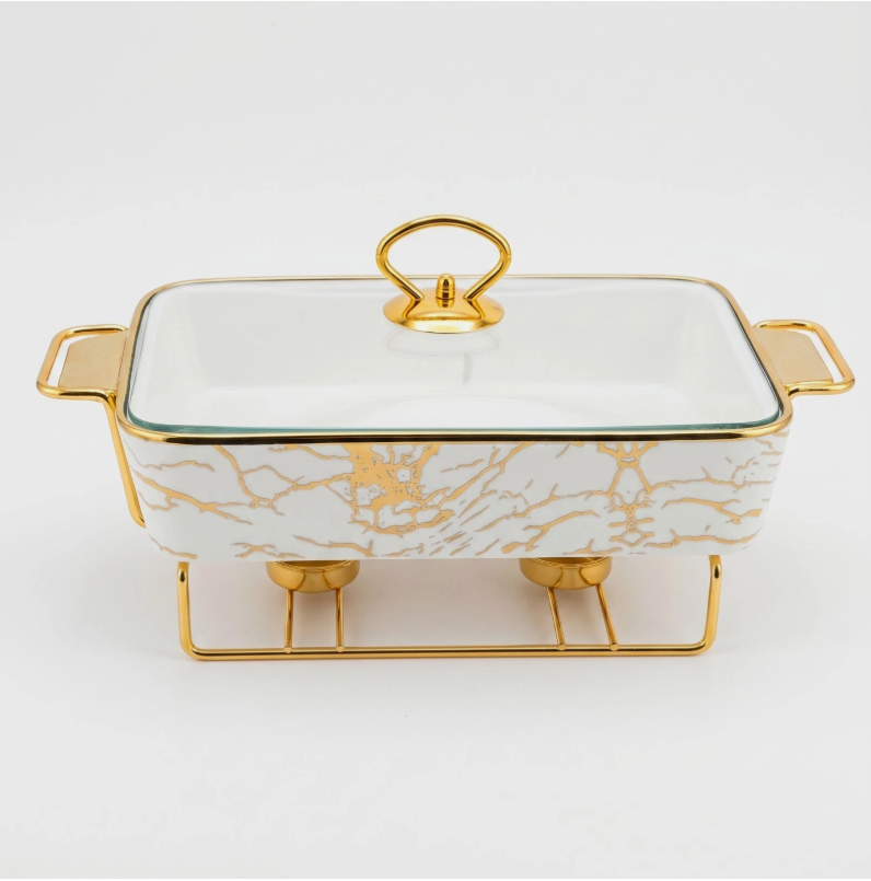 15-Inch Rectangular Ceramic Chafing Dish with Marble Design, Glass Lid and Gold Food-Warmer Stand