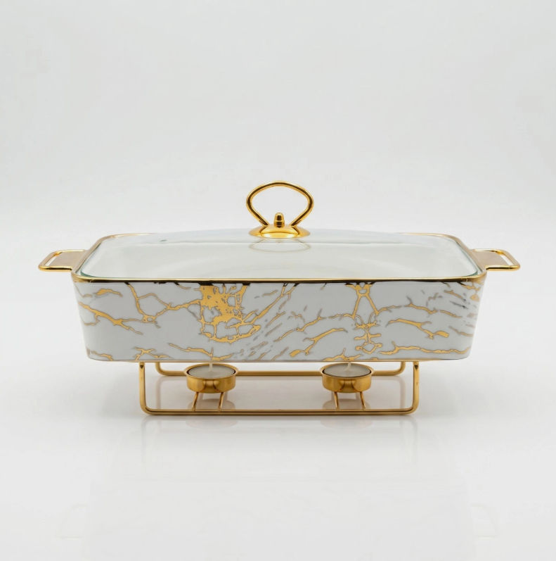 15-Inch Rectangular Ceramic Chafing Dish with Marble Design, Glass Lid and Gold Food-Warmer Stand