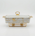 15-Inch Rectangular Ceramic Chafing Dish with Marble Design, Glass Lid and Gold Food-Warmer Stand