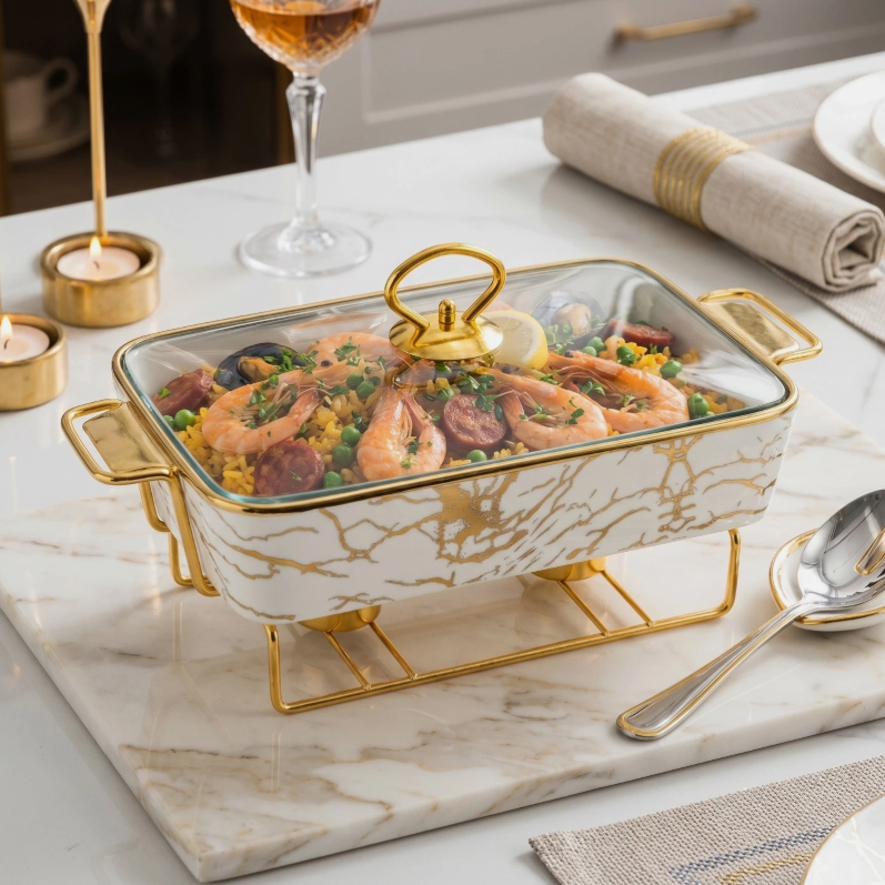 15-Inch Rectangular Ceramic Chafing Dish with Marble Design, Glass Lid and Gold Food-Warmer Stand