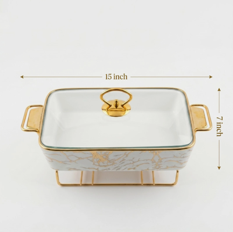 15-Inch Rectangular Ceramic Chafing Dish with Marble Design, Glass Lid and Gold Food-Warmer Stand