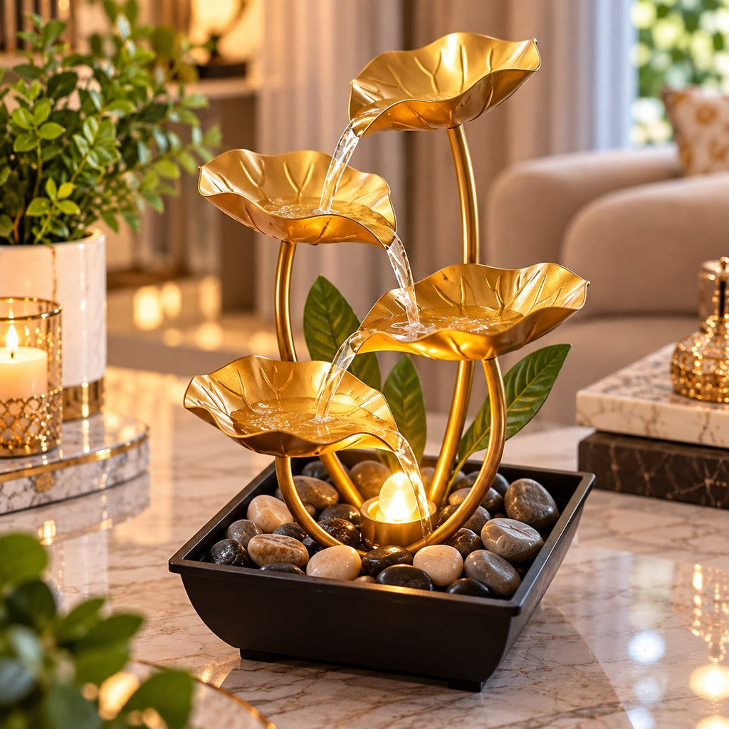 4-Tier Gold Flower Tabletop Water Fountain with USB Pump – Decorative Indoor Water Feature with LED Light & Pebbles