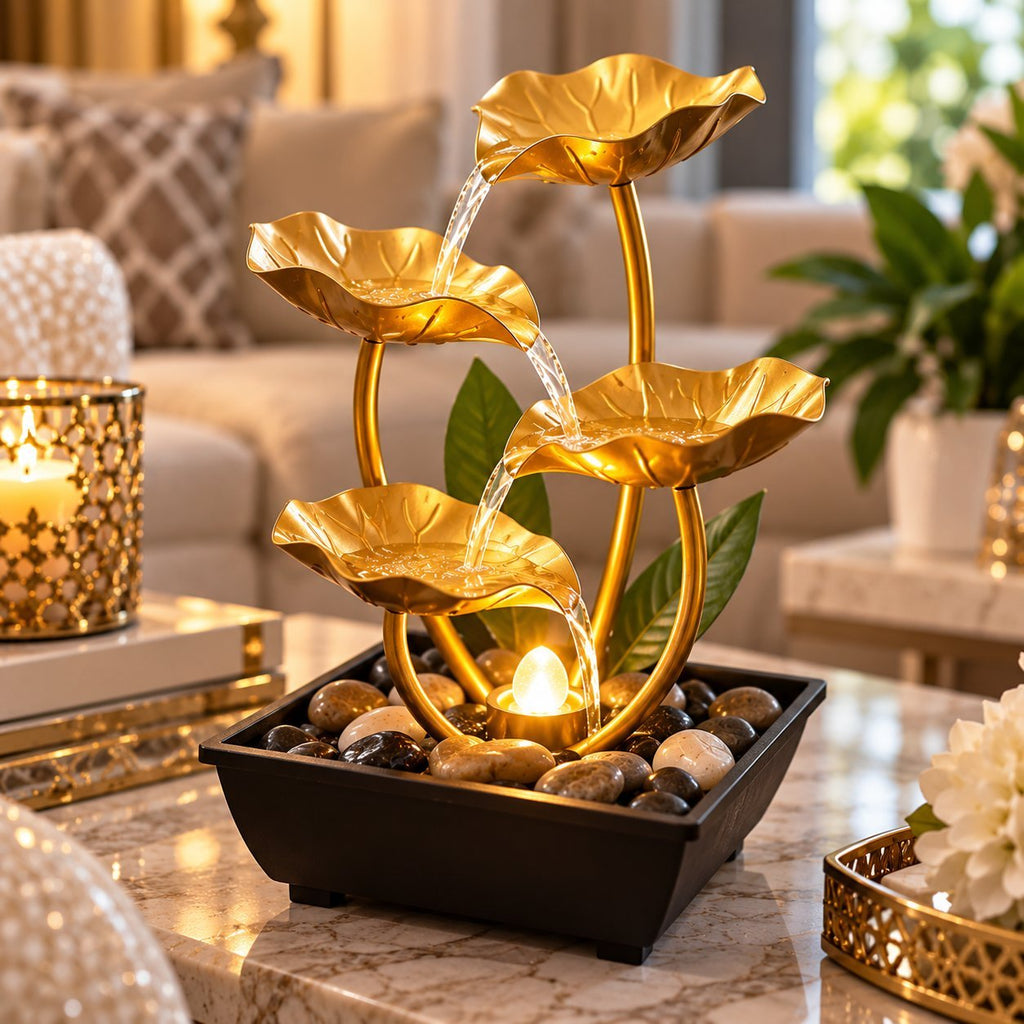 4-Tier Gold Flower Tabletop Water Fountain with USB Pump – Decorative Indoor Water Feature with LED Light & Pebbles