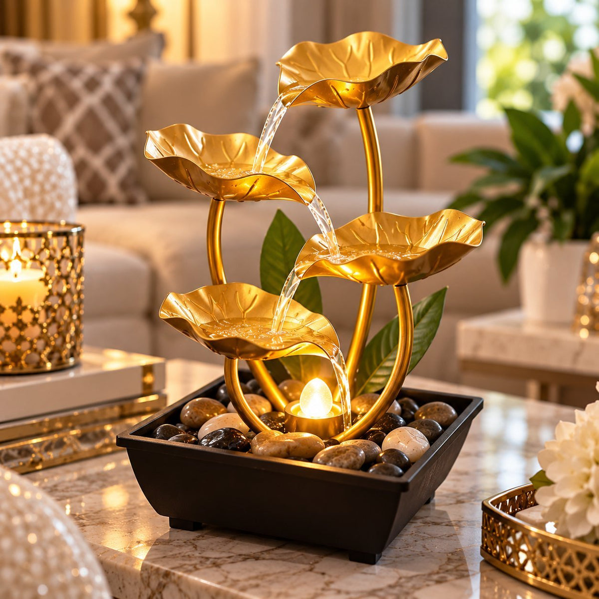 4-Tier Gold Flower Tabletop Water Fountain with USB Pump – Decorative Indoor Water Feature with LED Light & Pebbles