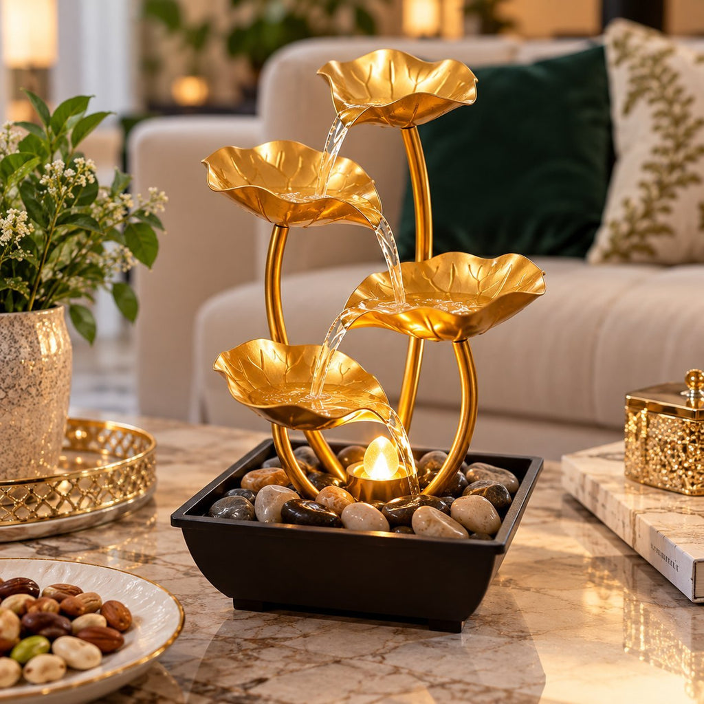 4-Tier Gold Flower Tabletop Water Fountain with USB Pump – Decorative Indoor Water Feature with LED Light & Pebbles