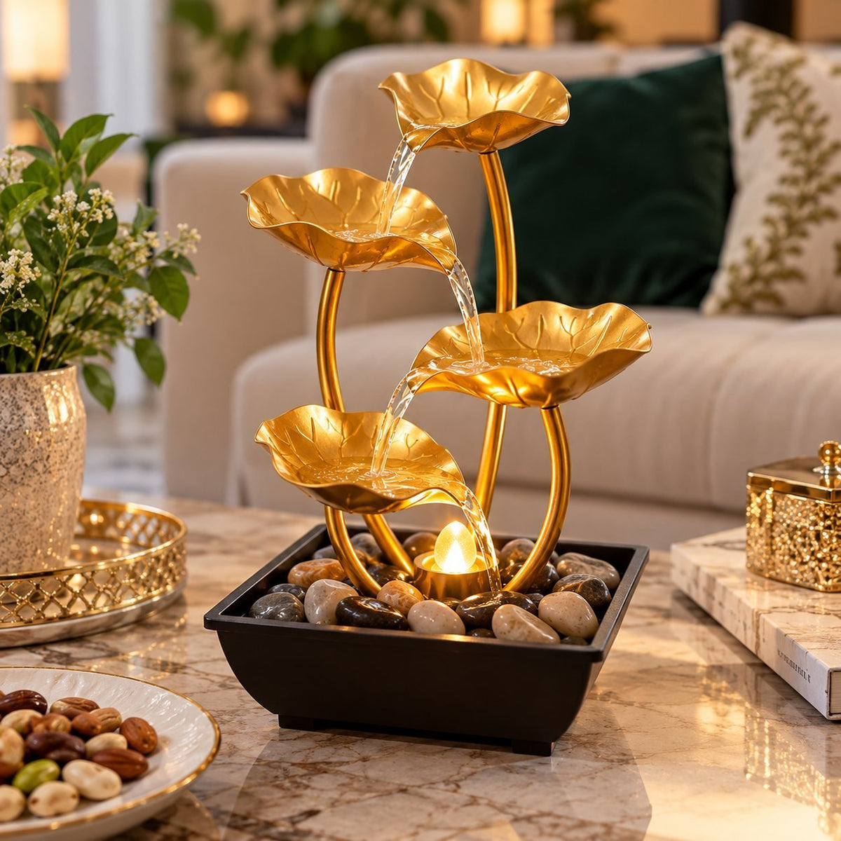 4-Tier Gold Flower Tabletop Water Fountain with USB Pump – Decorative Indoor Water Feature with LED Light & Pebbles