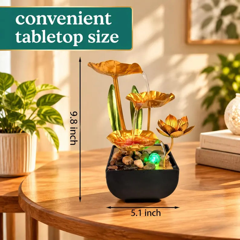 4-Tier Gold Flower Tabletop Water Fountain with USB Pump – Decorative Indoor Water Feature with LED Light & Pebbles