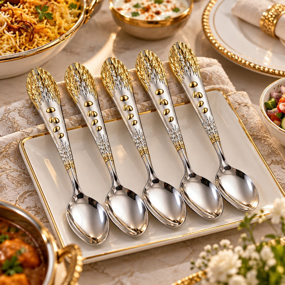 Set of 6 Large Table Spoons Stainless Steel 20.5cm – Gold & Silver Decorative Leaf Handle Dining Spoons