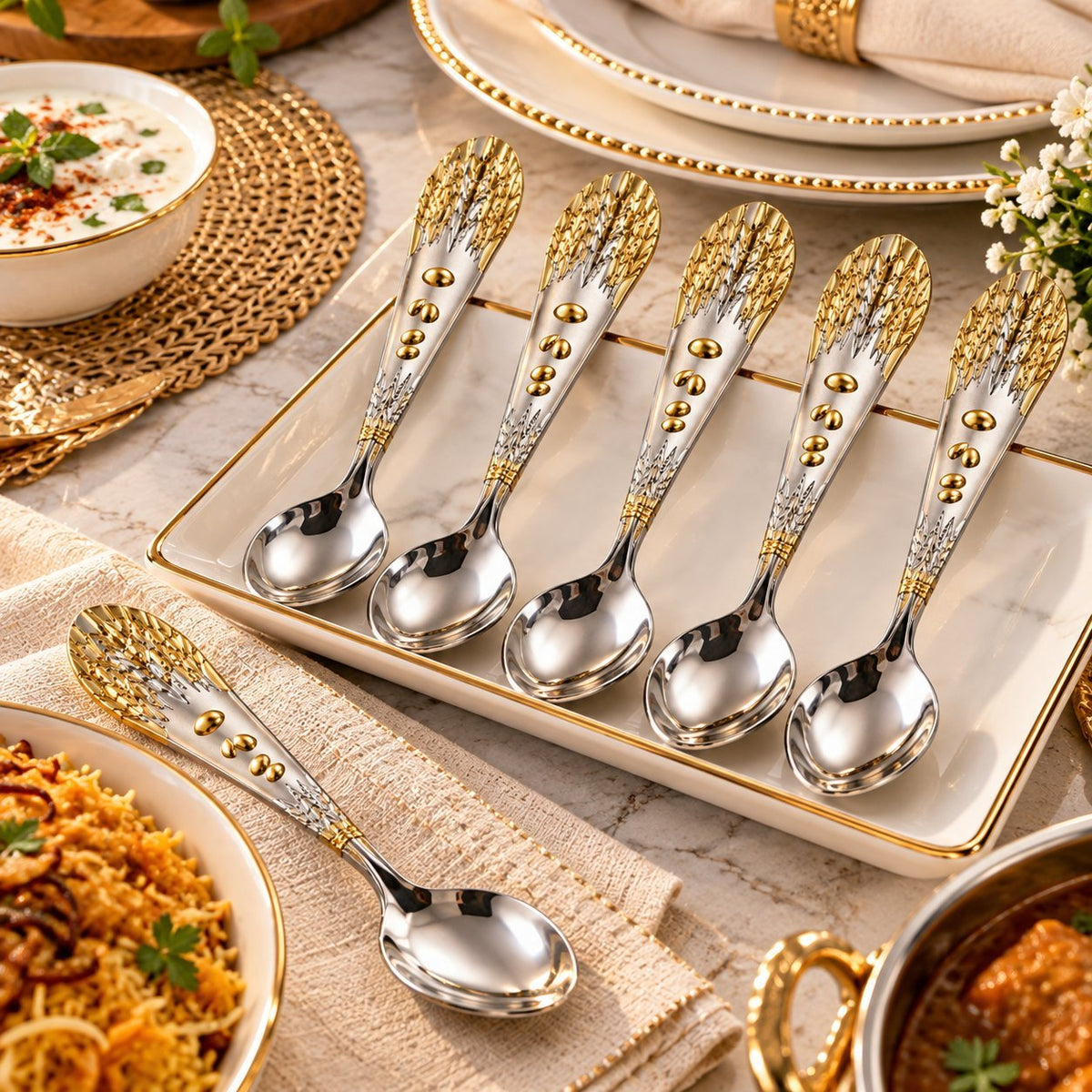 Set of 6 Large Table Spoons Stainless Steel 20.5cm – Gold & Silver Decorative Leaf Handle Dining Spoons