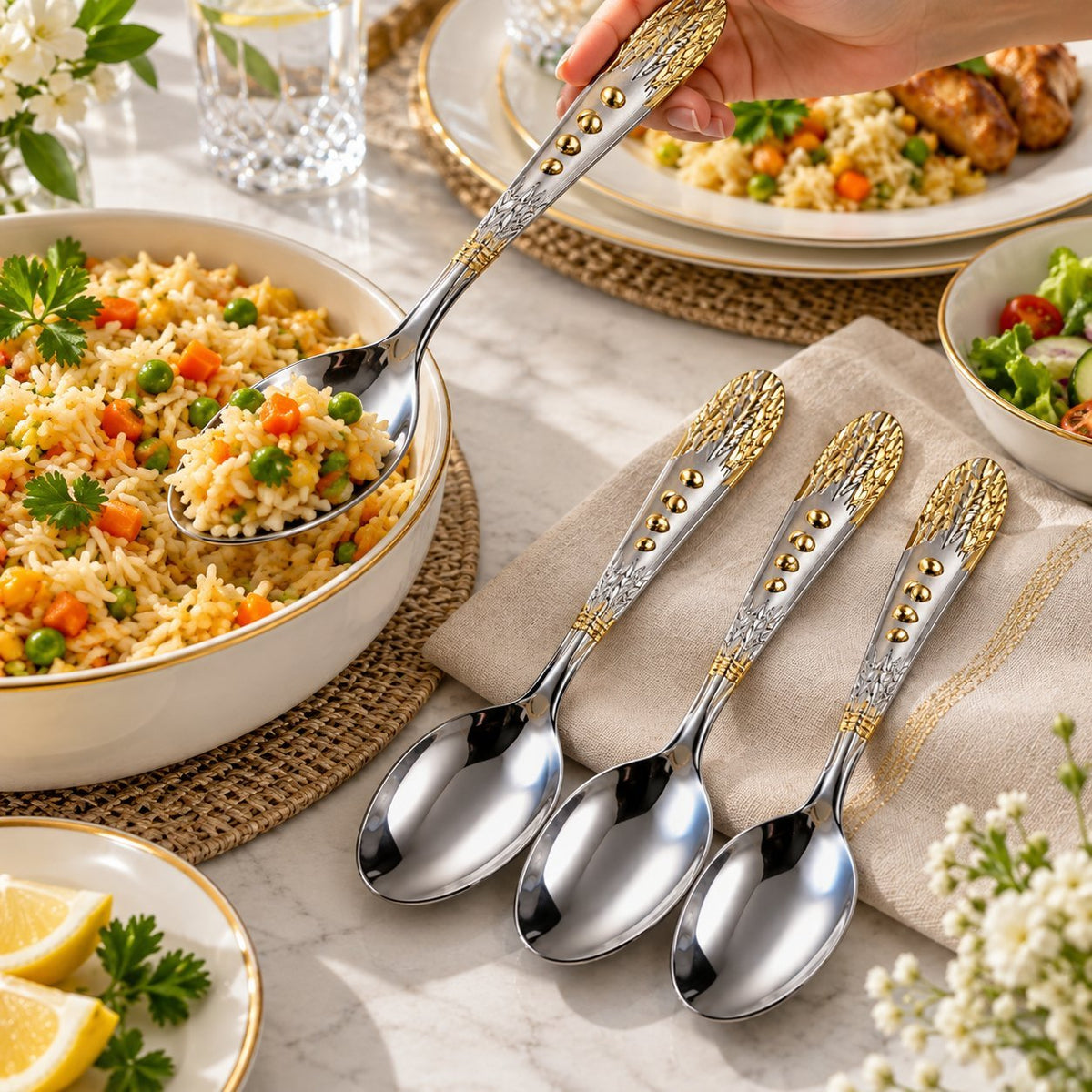 Set of 6 Large Table Spoons Stainless Steel 20.5cm – Gold & Silver Decorative Leaf Handle Dining Spoons