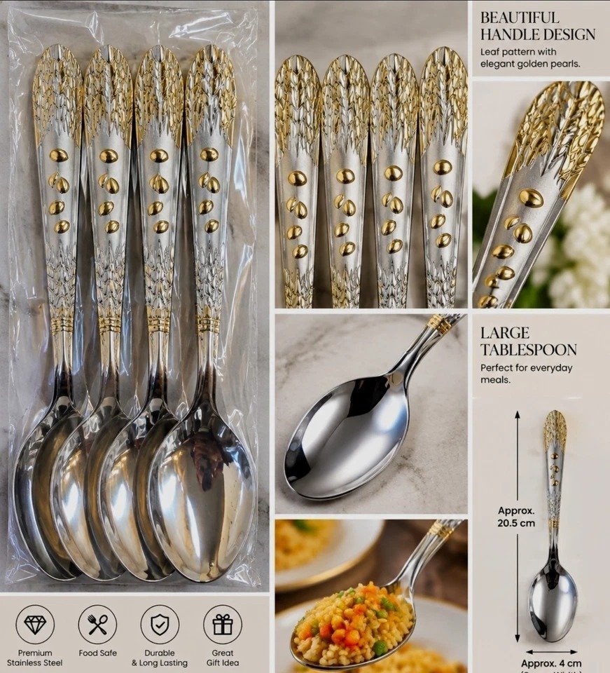 Set of 6 Large Table Spoons Stainless Steel 20.5cm – Gold & Silver Decorative Leaf Handle Dining Spoons