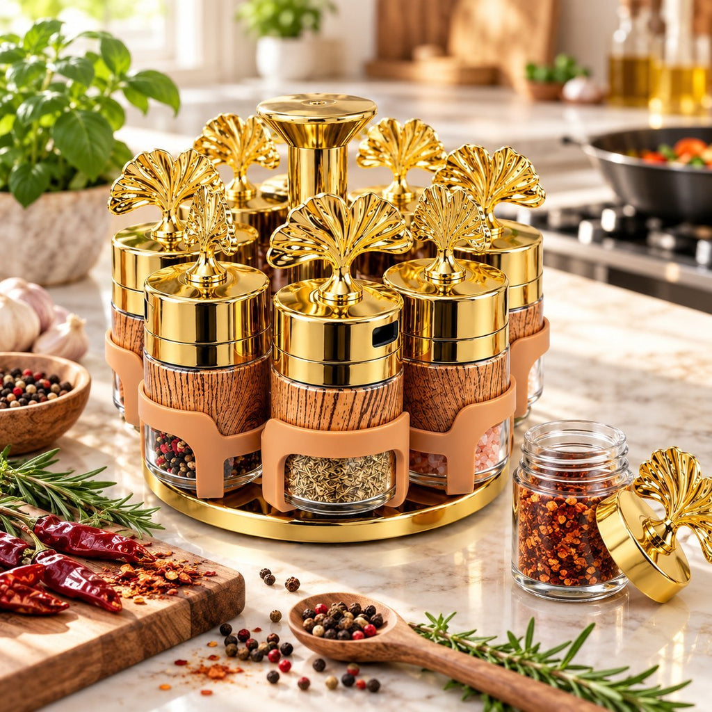 Set of 6 Spice Jars with Rotating Stand – Gold Decorative Spice Rack Carousel with Adjustable Shaker Lids