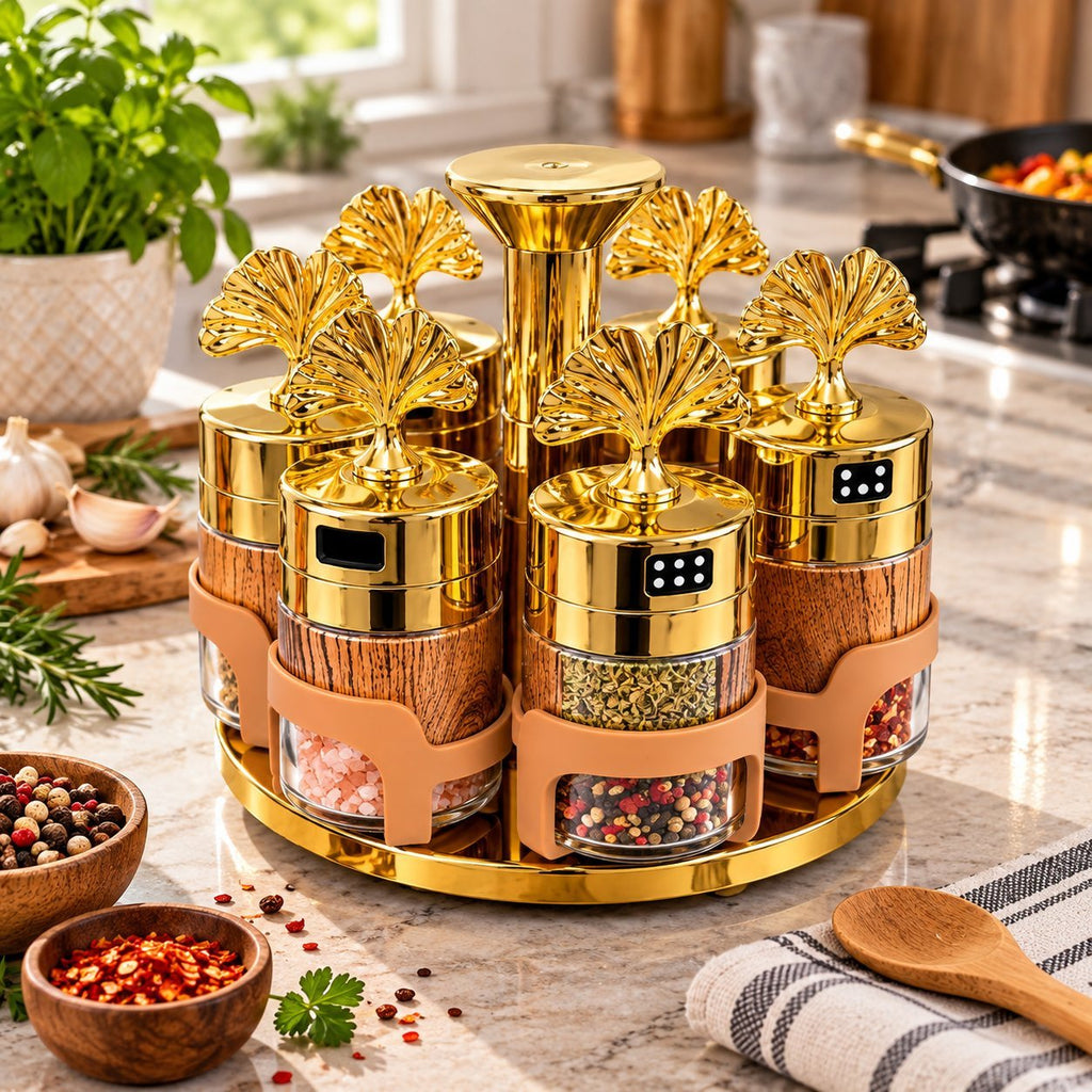 Set of 6 Spice Jars with Rotating Stand – Gold Decorative Spice Rack Carousel with Adjustable Shaker Lids