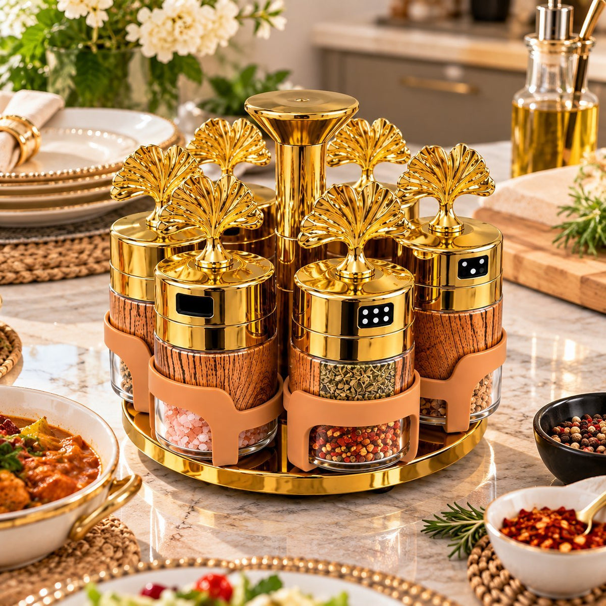 Set of 6 Spice Jars with Rotating Stand – Gold Decorative Spice Rack Carousel with Adjustable Shaker Lids