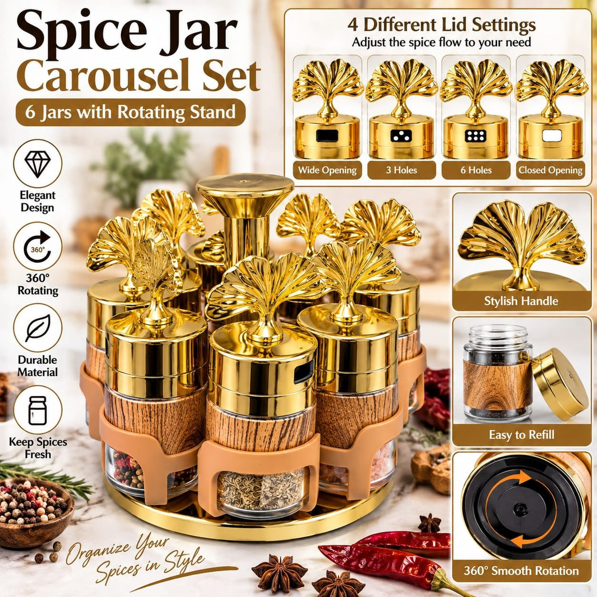 Set of 6 Spice Jars with Rotating Stand – Gold Decorative Spice Rack Carousel with Adjustable Shaker Lids