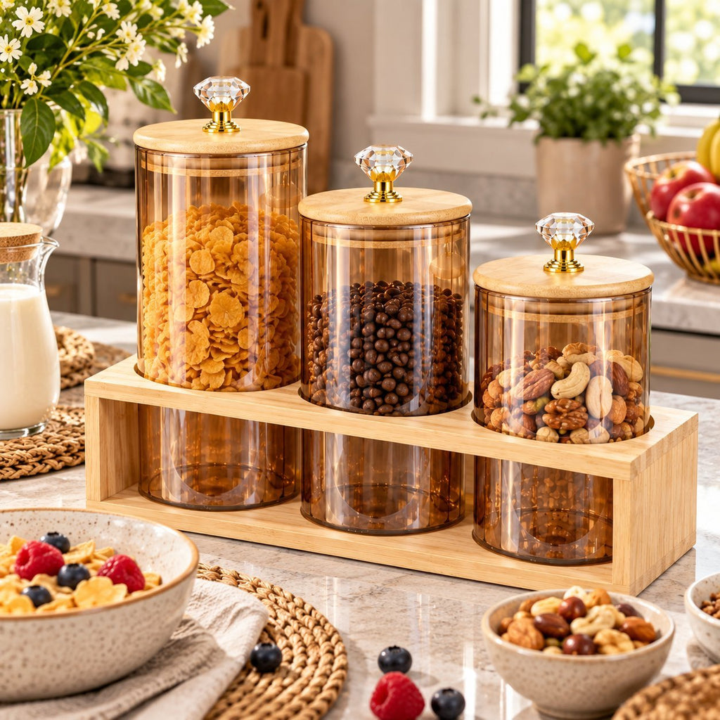 Set of 3 glass Storage Jars with Wooden Stand – Airtight Food Containers with Wooden Lids & Diamond Handles