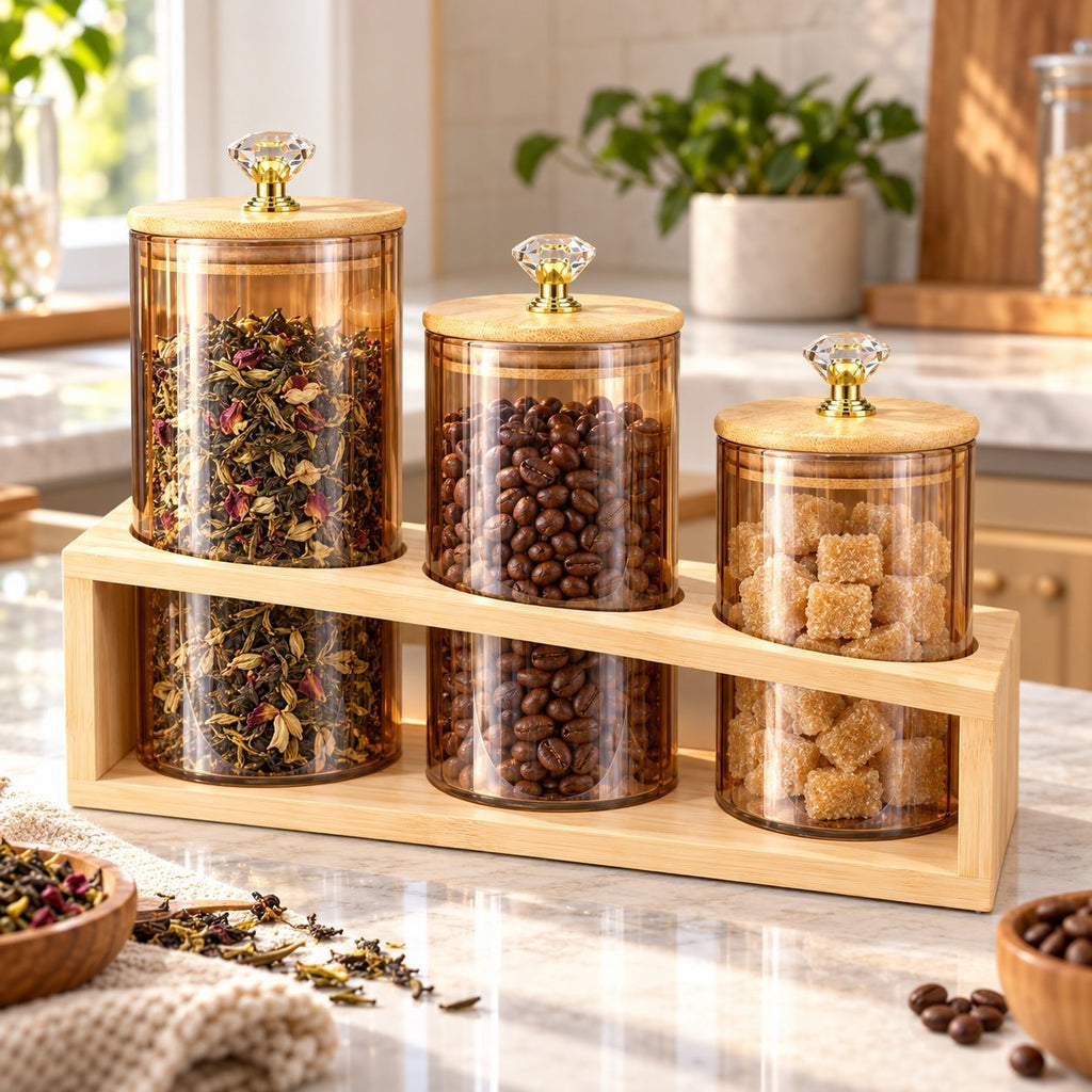 Set of 3 glass Storage Jars with Wooden Stand – Airtight Food Containers with Wooden Lids & Diamond Handles
