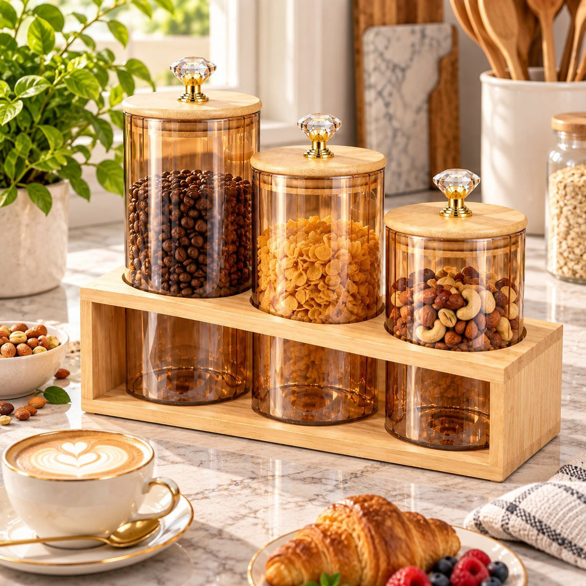 Set of 3 glass Storage Jars with Wooden Stand – Airtight Food Containers with Wooden Lids & Diamond Handles