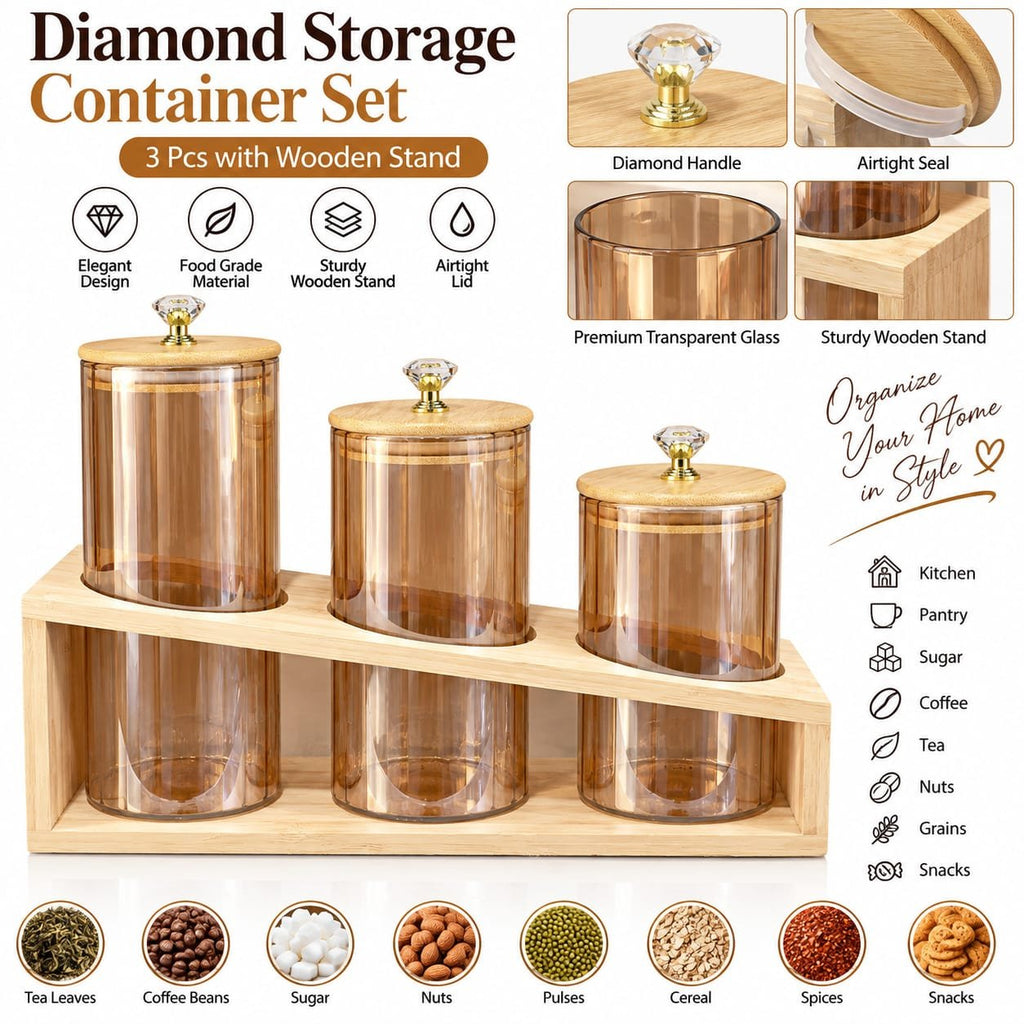 Set of 3 glass Storage Jars with Wooden Stand – Airtight Food Containers with Wooden Lids & Diamond Handles