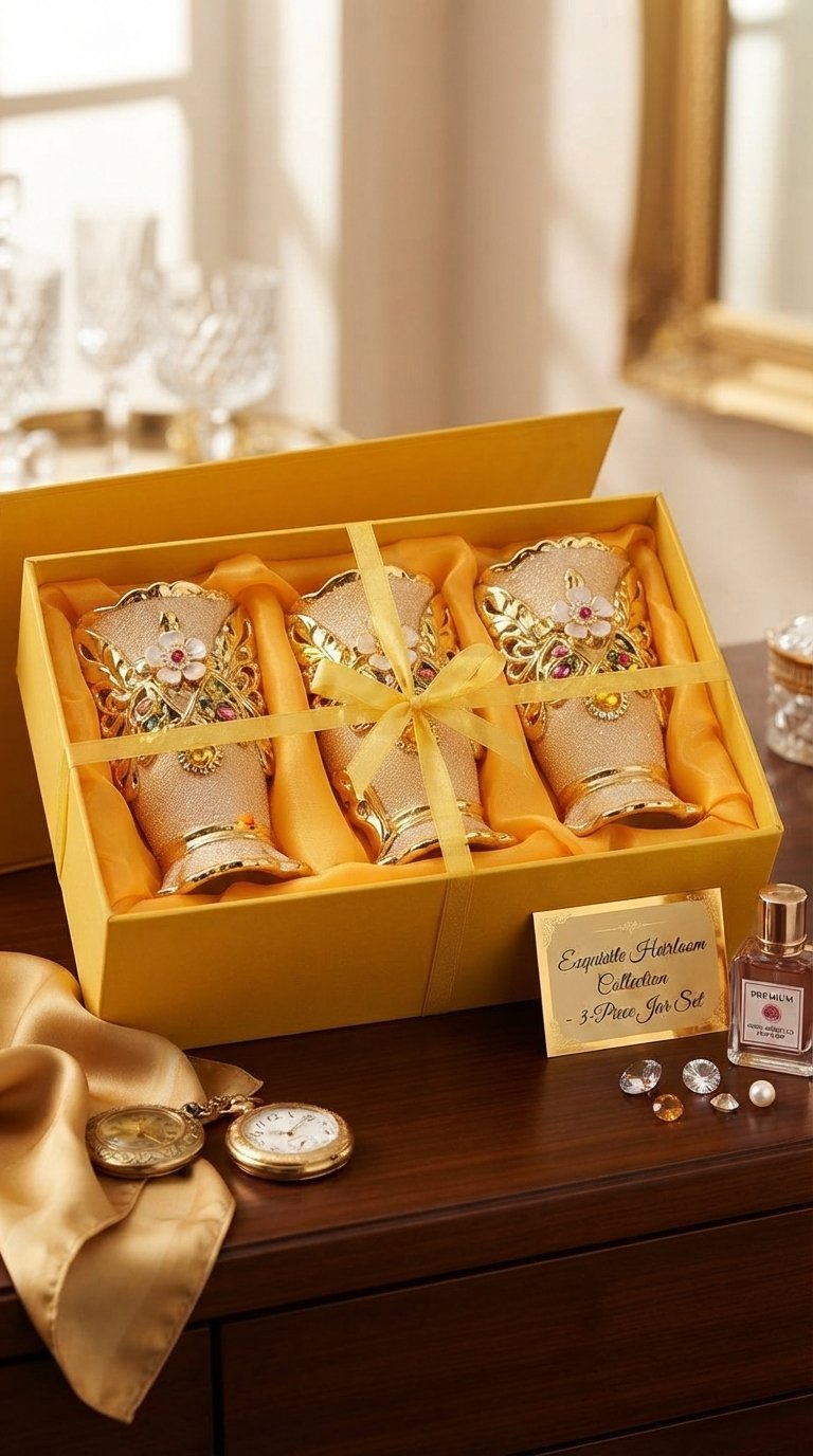 Ceramic Jar Set of 3 – Premium Luxury Gold Embossed Decorative Canisters