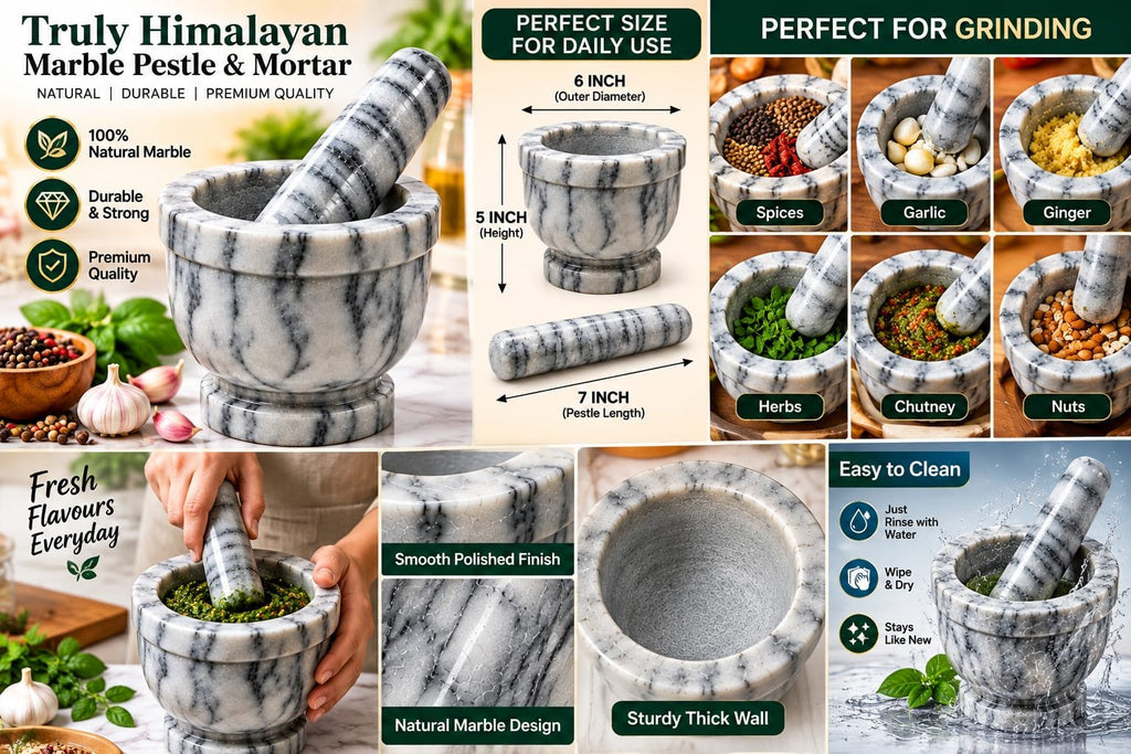 Truly Himalayan Natural Marble Pestle & Mortar Set – 5 × 6 Inch with 7 Inch Pestle
