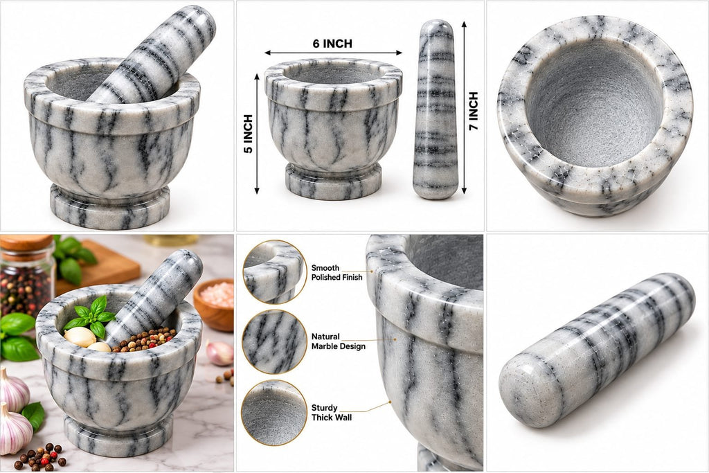 Truly Himalayan Natural Marble Pestle & Mortar Set – 5 × 6 Inch with 7 Inch Pestle